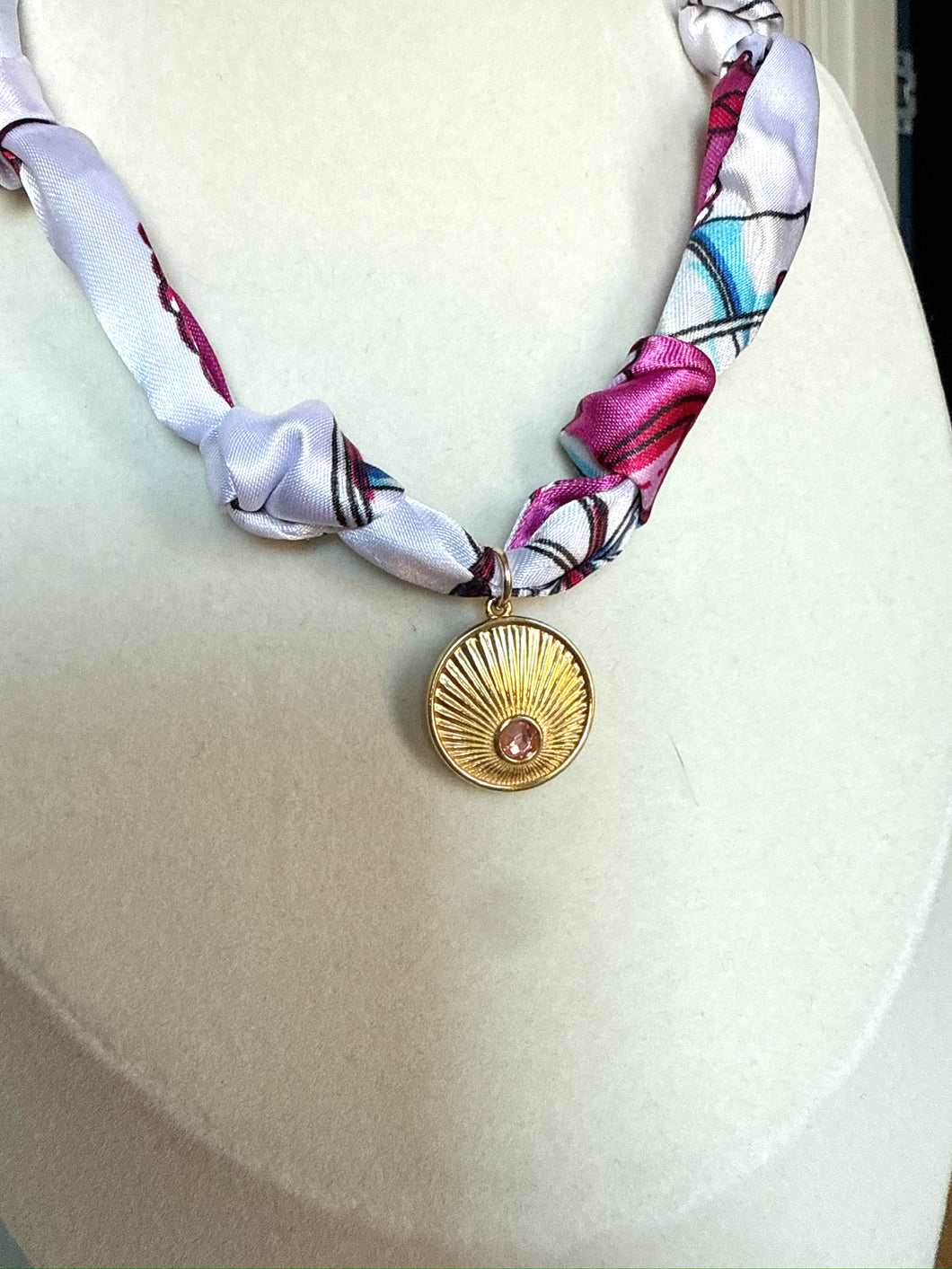 Pink scarf necklace with pendant