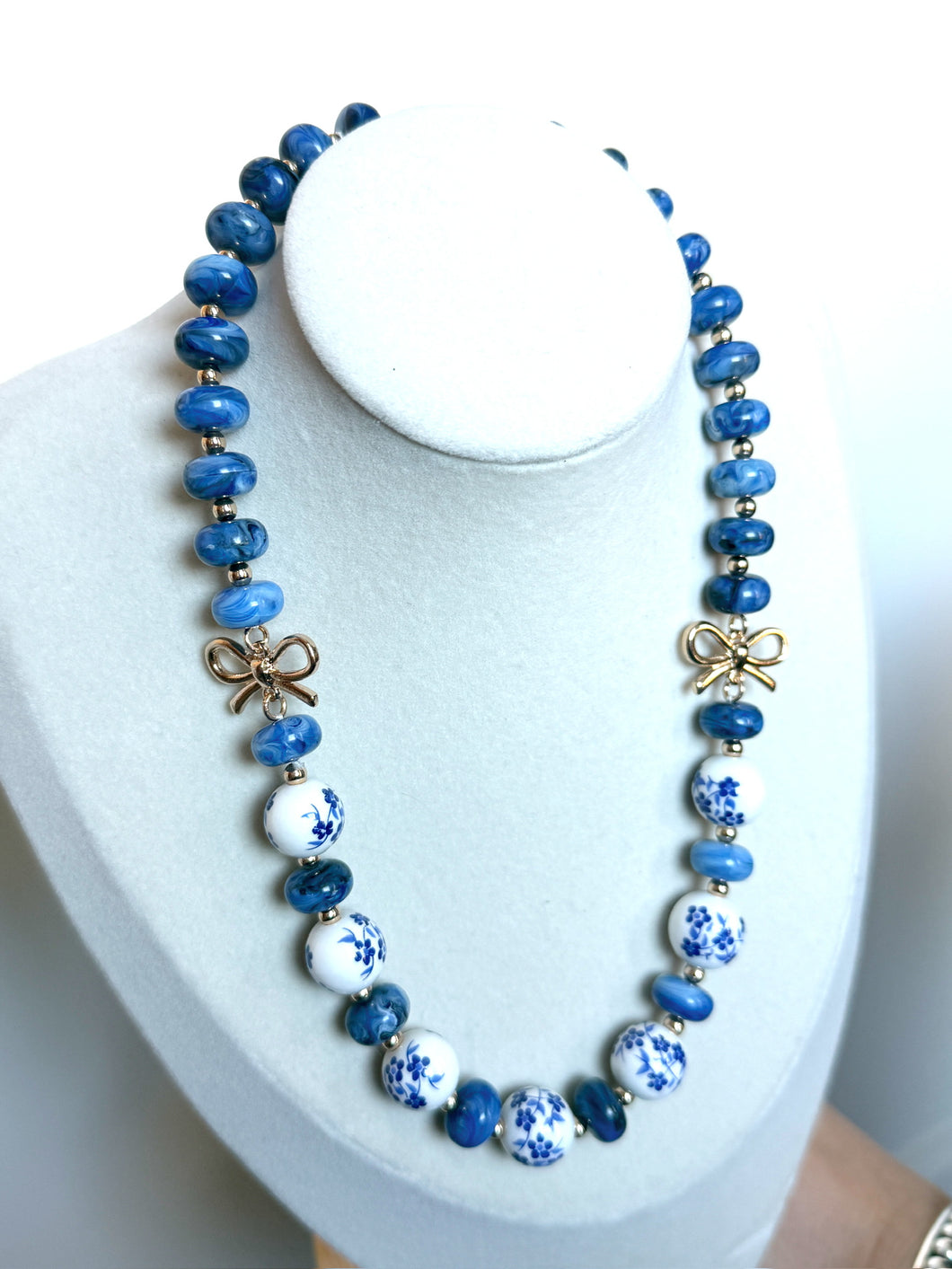 Blue and white beaded necklace