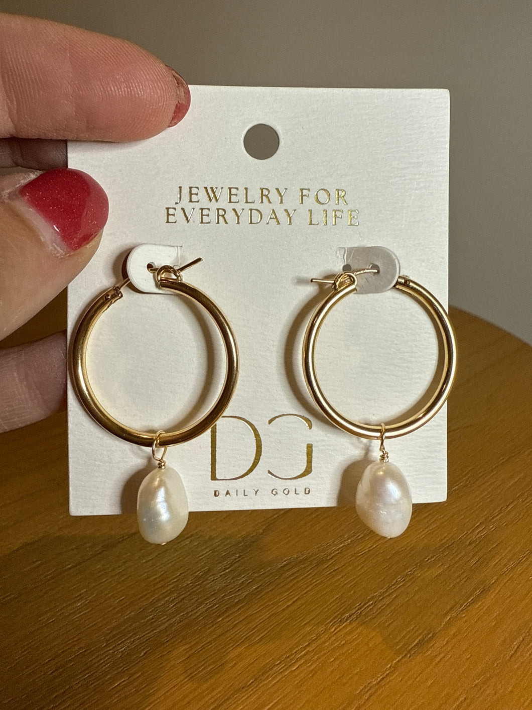 Gold Hoops with Baroque Pearl Charm - 28mm